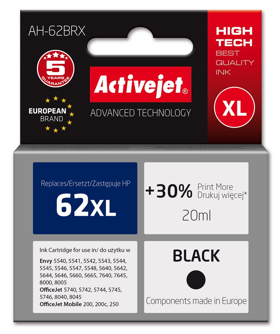 Activejet AH-62BRX ink (replacement for HP 62XL C2P05AE; Premium; 20 ml; black)