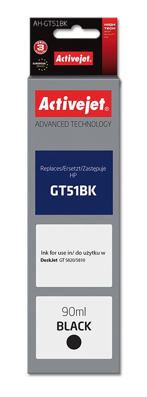 Activejet AH-GT51BK Ink Bottle (Replaces HP GT51BK M0H57AE; Supreme; 90 ml; 6000 pages, black).
