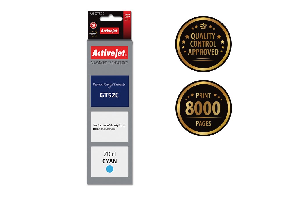 Activejet AH-GT52C Ink Bottle (Replaces HP GT52C M0H54AE; Supreme; 70 ml; 8000 pages, cyan)