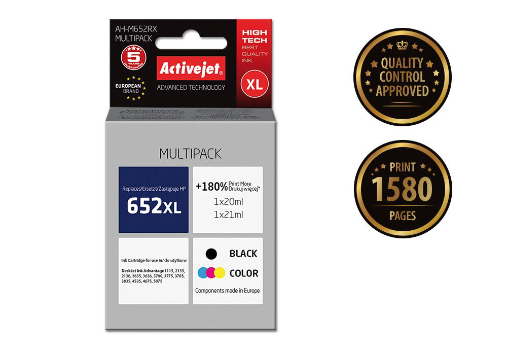 Activejet AH-M652RX ink (replacement for HP 652 F6V25AE/F6V24AE; Premium; 1 x 20 ml, 1 x 21 ml; black, color)