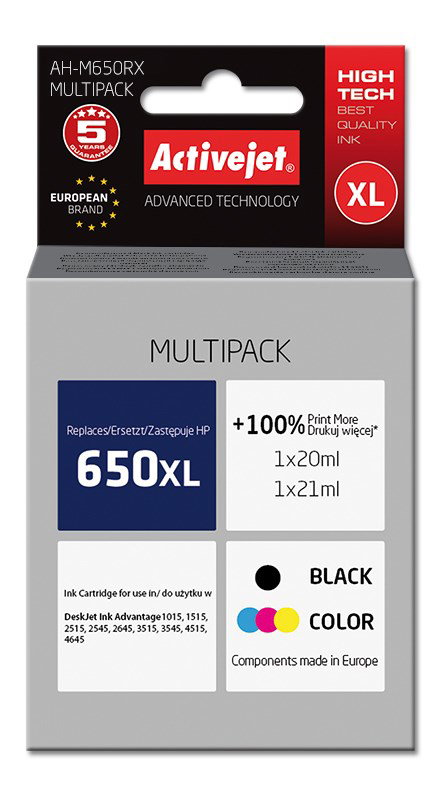 Activejet AH-M650RX Ink (replacement for HP 650 CZ101AE/CZ102AE; Premium; 1 x 20 ml, 1 x 21 ml; 1110 pages, black, color)