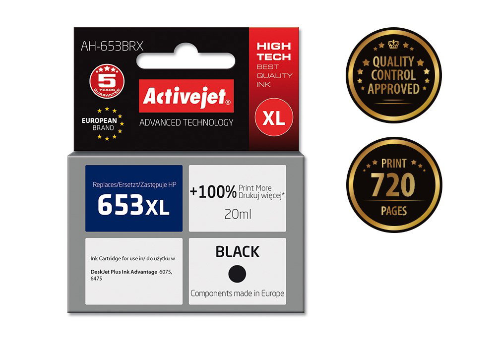 Activejet AH-653BRX ink (replacement for HP 653XL 3YM75AE; Premium; 720 pages; black)