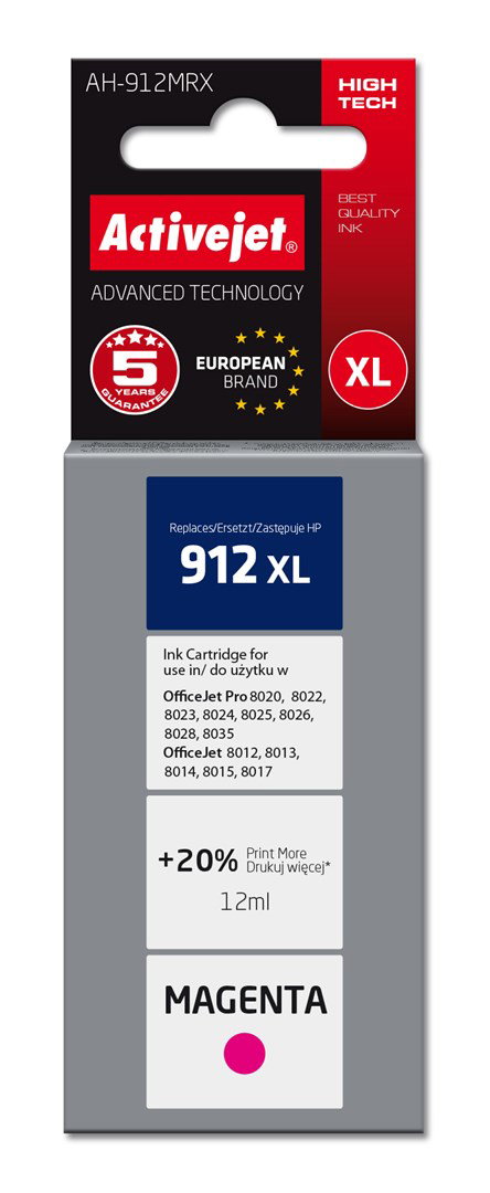 Activejet AH-912MRX Ink (replacement for HP 912XL 3YL82AE; Premium; 990 pages; 12 ml, magenta)