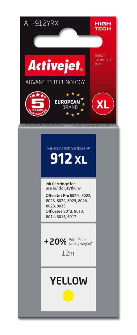 Activejet AH-912YRX Ink Cartridge (replacement for HP 912XL 3YL83AE; Premium; 990 pages; 12 ml, yellow)