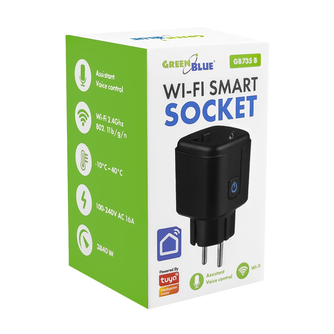 GreenBlue Remote-Controlled WiFi Outlet, Android/iOS/Alexa/Google Home, Timer, Wattmeter, Max 16A/3840W, GB735 B