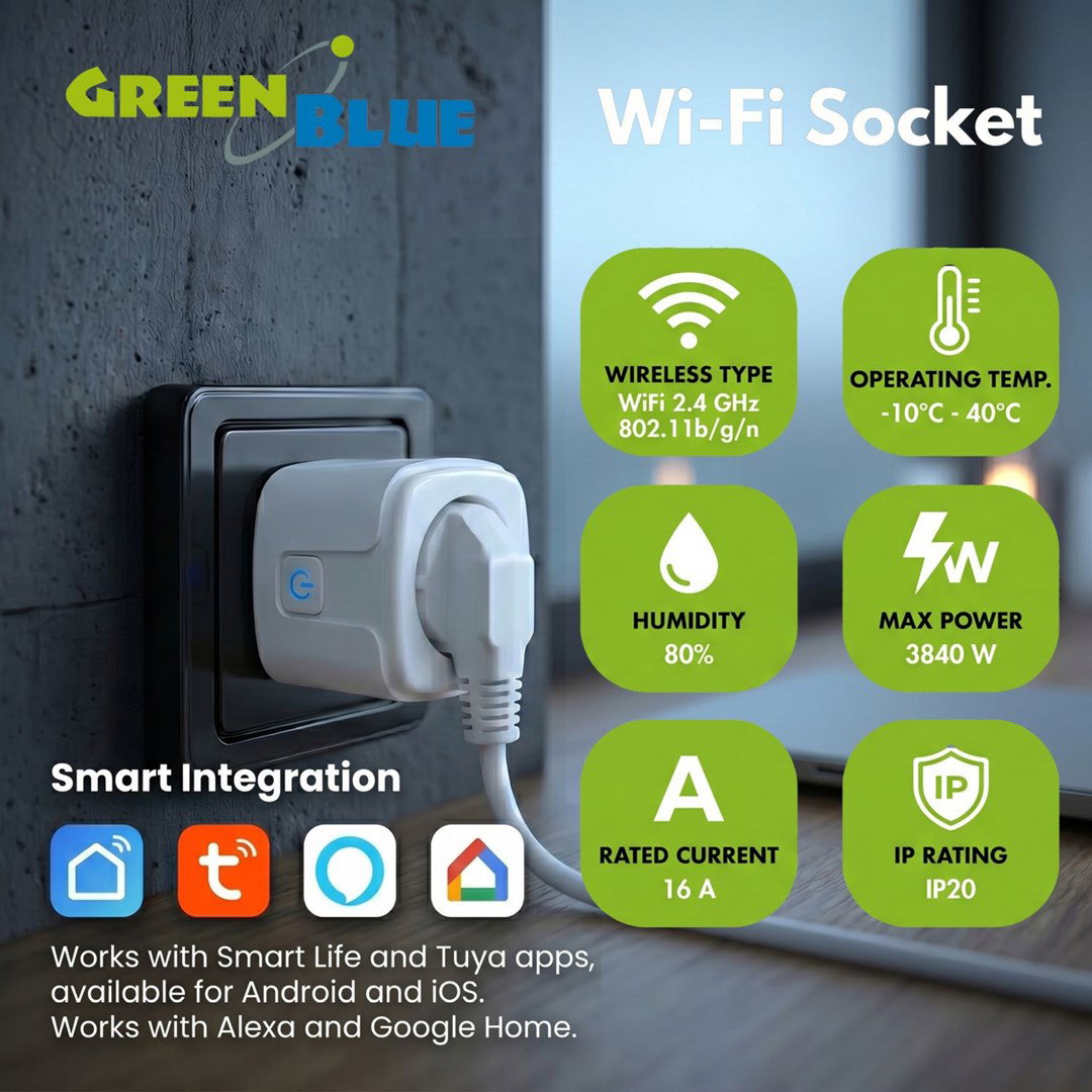 GreenBlue Remote-Controlled WiFi Outlet, Android/iOS/Alexa/Google Home, Timer, Wattmeter, Max 16A/3840W, GB735 W