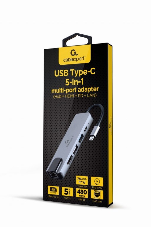 Gembird A-CM-COMBO5-04 USB Type-C 5-in-1 multi-port adapter (Hub + HDMI + PD + LAN)