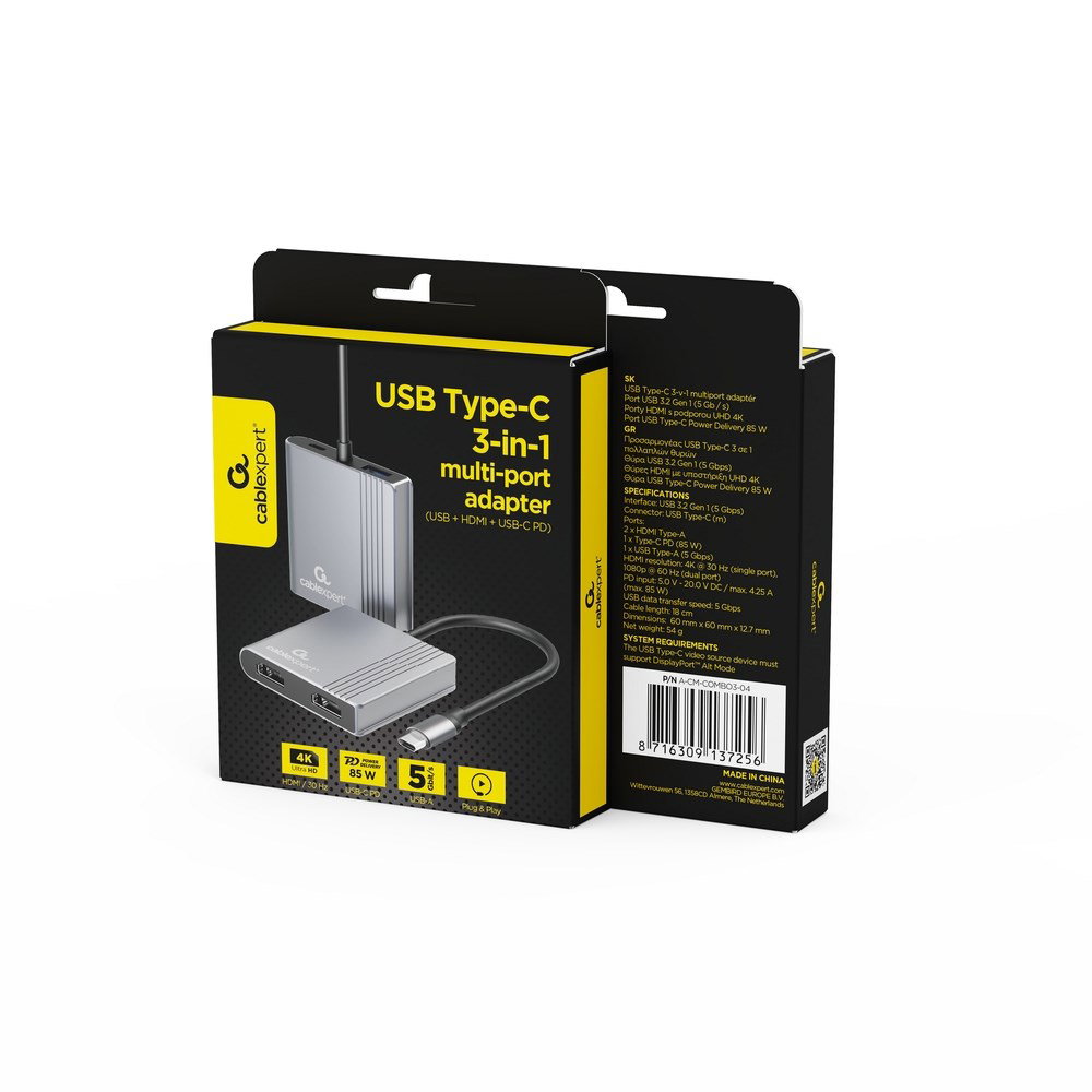 Gembird A-CM-COMBO3-04 USB Type-C 3-in-1 multi-port adapter (2x USB port + 2x HDMI + PD), space grey