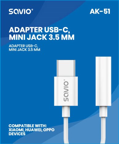 USB Type 3.1 C (M) Jack 3.5mm (F) Audio adapter White SAVIO AK-51