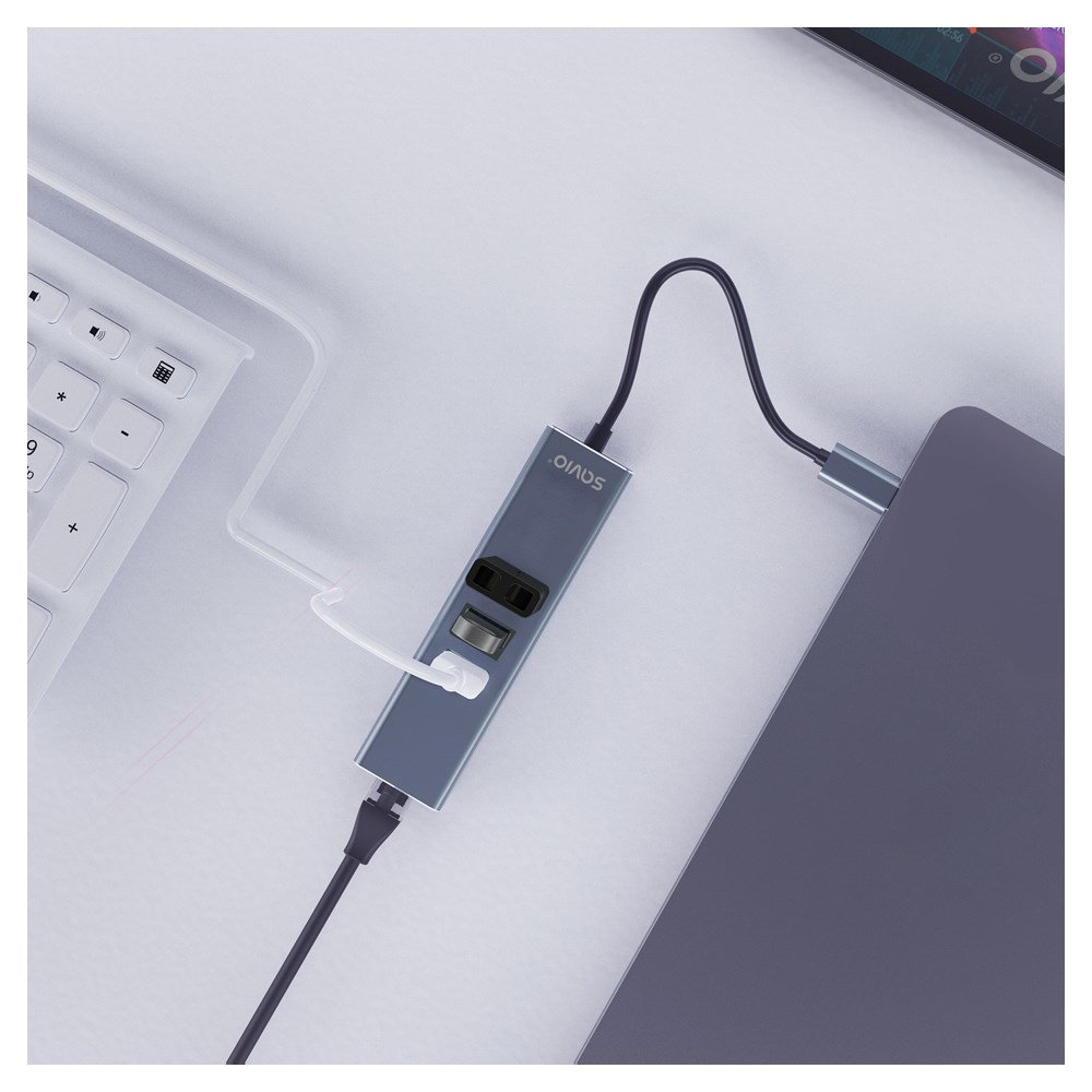 Savio AK-57 USB-C - 3 x USB-A HUB with RJ-45 Gigabit Ethernet adapter, 5000 Mbit/s, grey