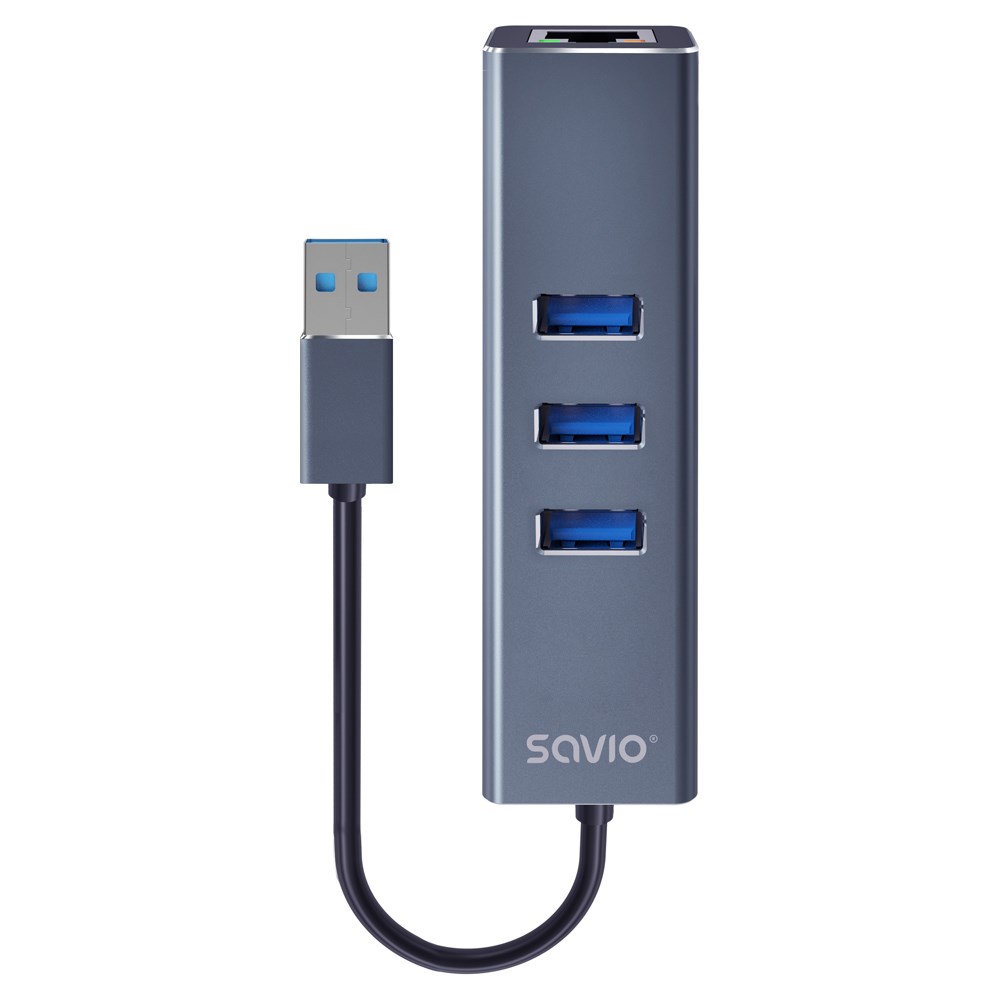 Savio AK-57 USB-A - 3 x USB-A HUB with RJ-45 Gigabit Ethernet adapter 5000 Mbit/s grey USB 3.2 Gen 1 (3.1 Gen 1) Micro-B 5000 Mbit/s Black