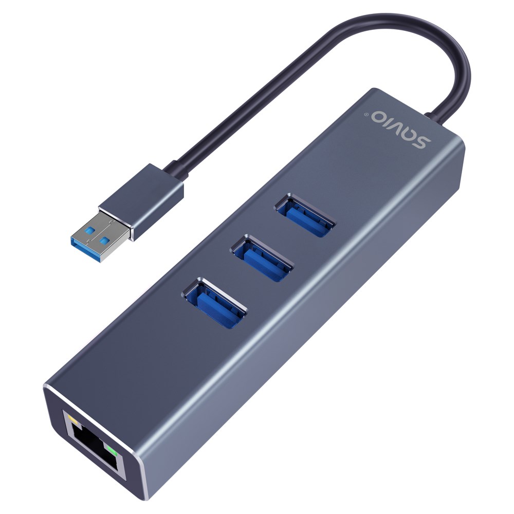 Savio AK-57 USB-A - 3 x USB-A HUB with RJ-45 Gigabit Ethernet adapter 5000 Mbit/s grey USB 3.2 Gen 1 (3.1 Gen 1) Micro-B 5000 Mbit/s Black