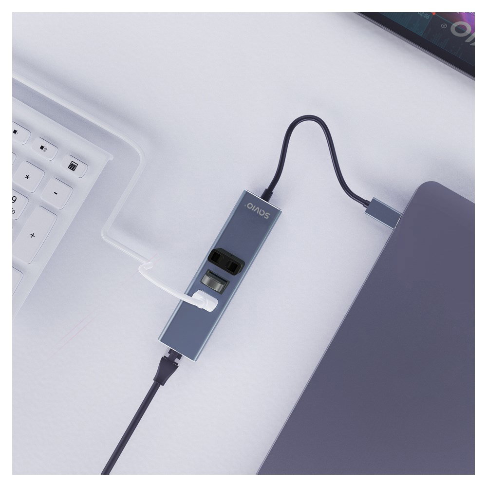 Savio AK-57 USB-A - 3 x USB-A HUB with RJ-45 Gigabit Ethernet adapter 5000 Mbit/s grey USB 3.2 Gen 1 (3.1 Gen 1) Micro-B 5000 Mbit/s Black