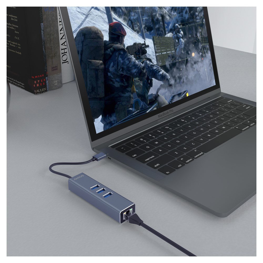 Savio AK-57 USB-A - 3 x USB-A HUB with RJ-45 Gigabit Ethernet adapter 5000 Mbit/s grey USB 3.2 Gen 1 (3.1 Gen 1) Micro-B 5000 Mbit/s Black
