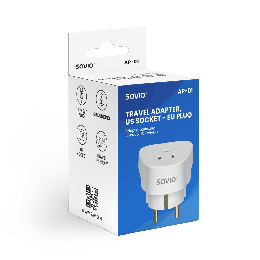 SAVIO AP-01 Travel Adapter, US socket EU plug