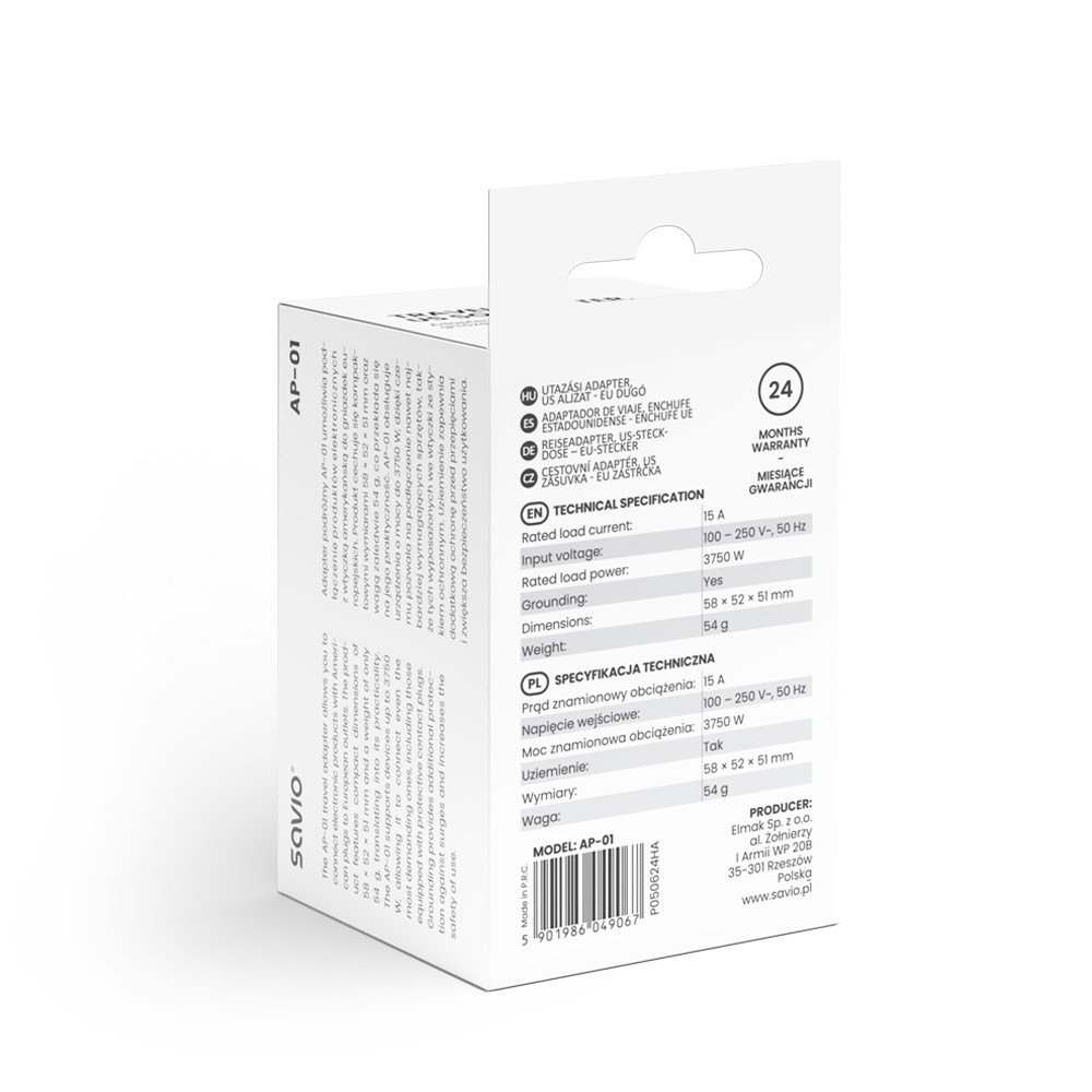 SAVIO AP-01 Travel Adapter, US socket EU plug