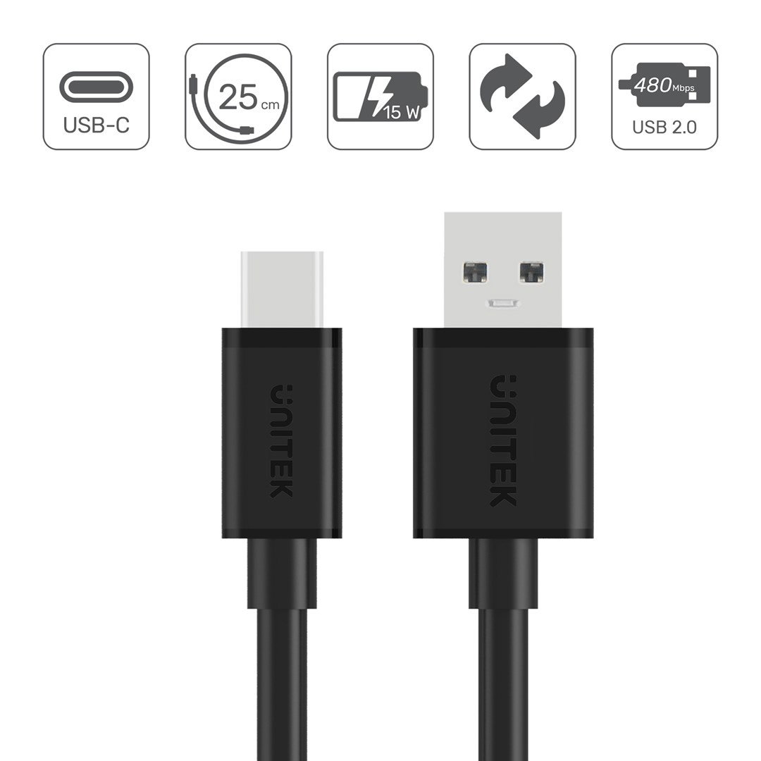 UNITEK USB CABLE USB-A USB-C 25CM, Y-C480BK