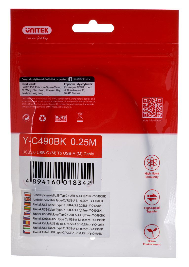 UNITEK CABLE USB-C - USB-A 3.1,M/M,0.25M, Y-C490BK