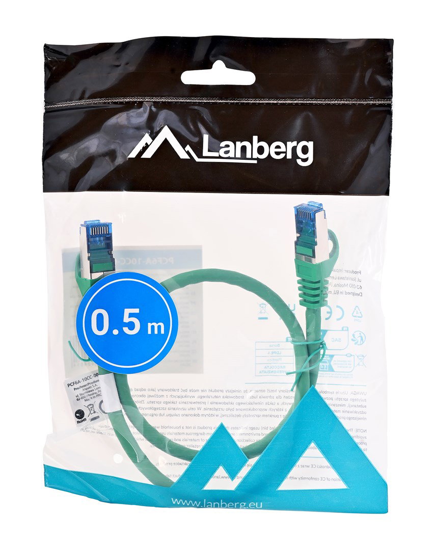 LANBERG PATCHCORD S/FTP CAT.6A 0.5M GREEN LSZH