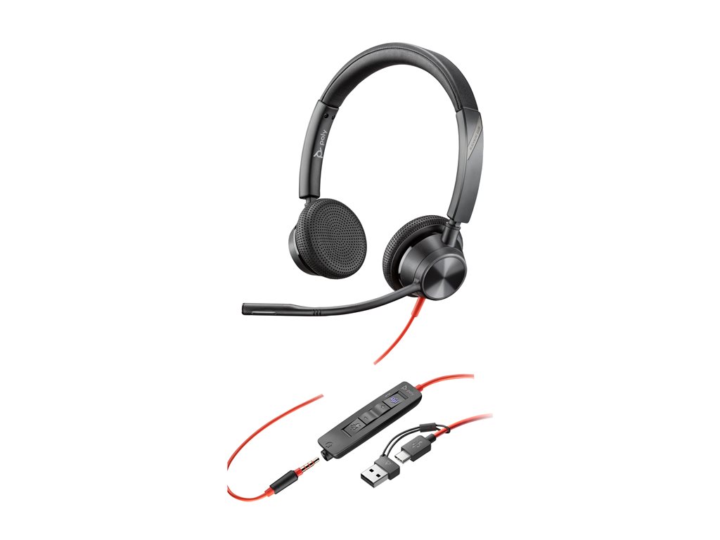 HP Poly Blackwire 3325 Stereo Microsoft Teams Certified USB-C Headset +3.5mm Plug +USB-C/A Adapter
