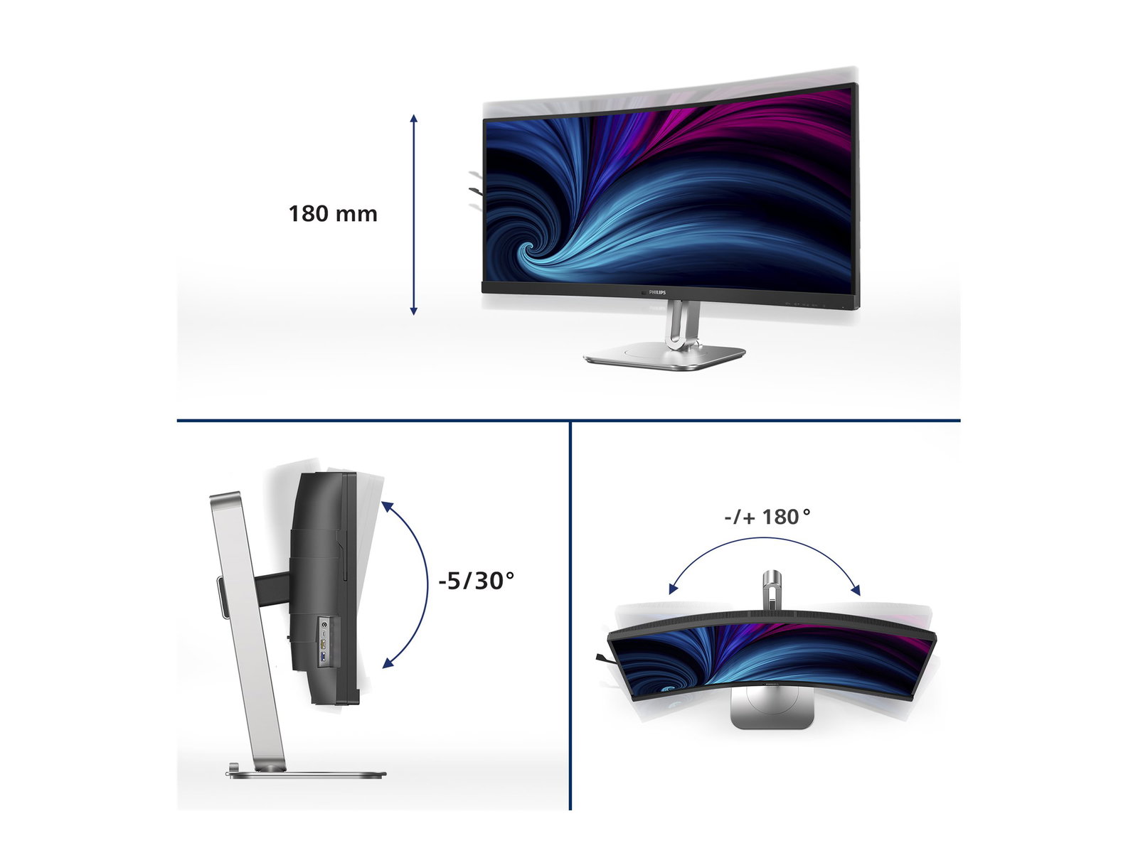 PHILIPS 34B2U5600C/00 34inch 3440x1440 120Hz VA CURVED H/A tbu MM ULTRAWIDE USB-C DOCKING DISPLAY RJ45 PD > 100 W USB HUB SPEAKERS