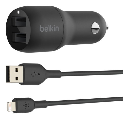DUAL USB-A CHARGER CAR - W/LIGHTNING CABLE 1M 24W BLACK