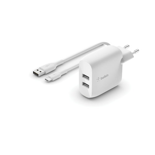 DUAL USB-A CHARGER - W/USB-C CABLE 1M 24W WHITE