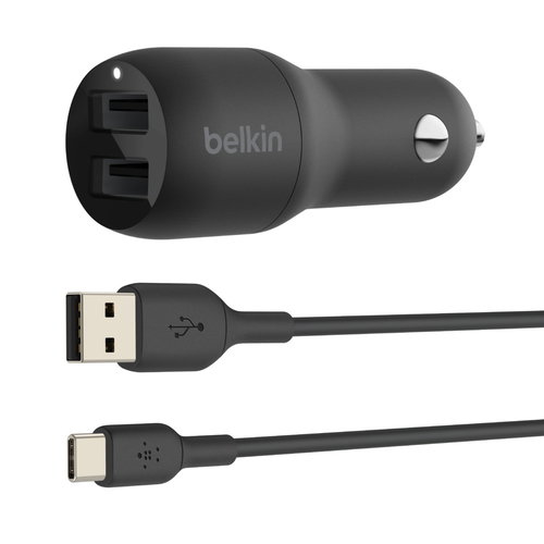 DUAL USB-A CHARGER CAR - W/USB-C CABLE 1M 24W BLACK
