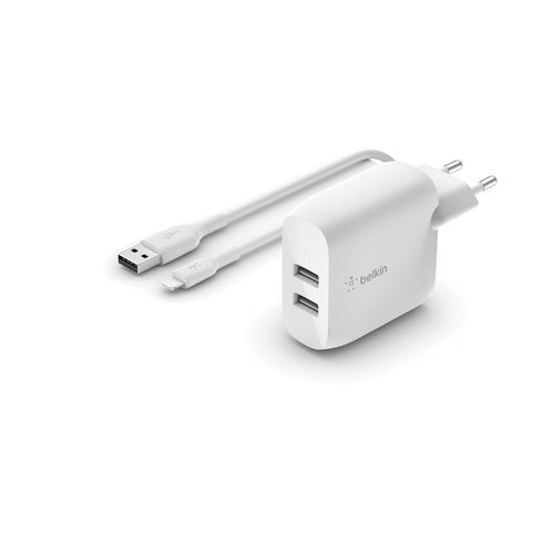 DUAL USB-A CHARGER - W/LIGHTNING CABLE 1M 24W WHITE