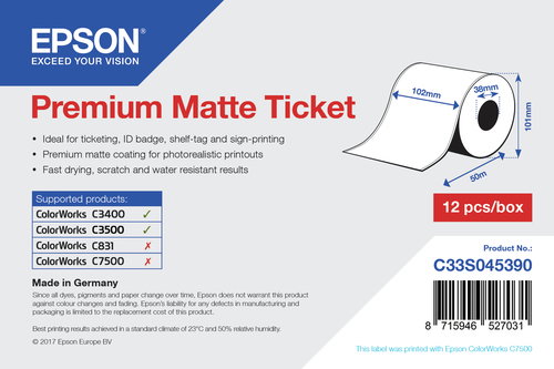 MATTE TICKET - ROLL 102MM X 50M - FOR TM-C3400