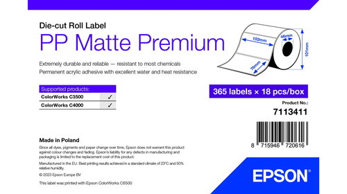 PP MATTE LABEL PREM DIE-CUT - ROLL 102X76MM 365 LABELS