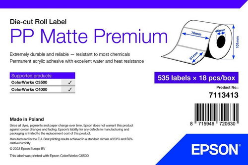 PP MATTE LABEL PREM DIE-CUT - ROLL 76X51MM 535 LABELS