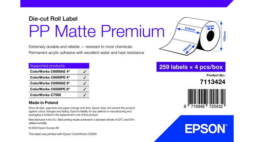 PP MATTE LABEL PREM DIE-CUT - ROLL 105X210MM 259 LABELS