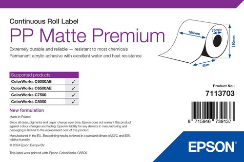 PP MATTE LABEL PREMIUM - CONTINUOUS ROLL 105MM X 55M