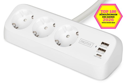 3-WAY OFFICESOCKET STRIP WHITE - 2X USB-A 1X USB-C