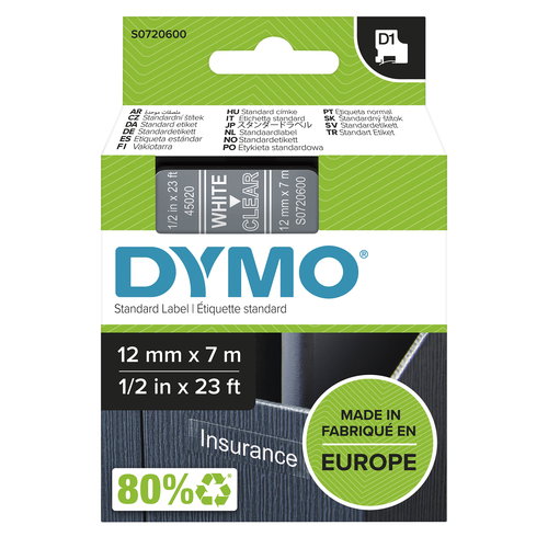 D1-TAPE 12MM X 7M - WHITE ON TRANSPARENT