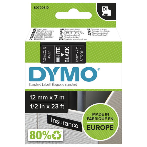 D1-TAPE 12MM X 7M - WHITE ON BLACK