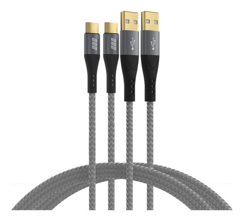 SET-3 USB A-C CABLE 60W QC 3A - 2X2M GRAY BRAIDED GOLD CONTACTS