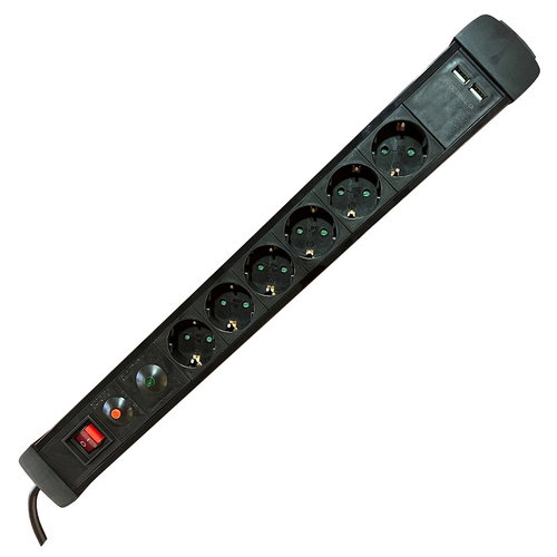 SOCKET STRIP 6S PVC 1.5M 2U BK - SURGE AND OVERLOAD PROTECTION