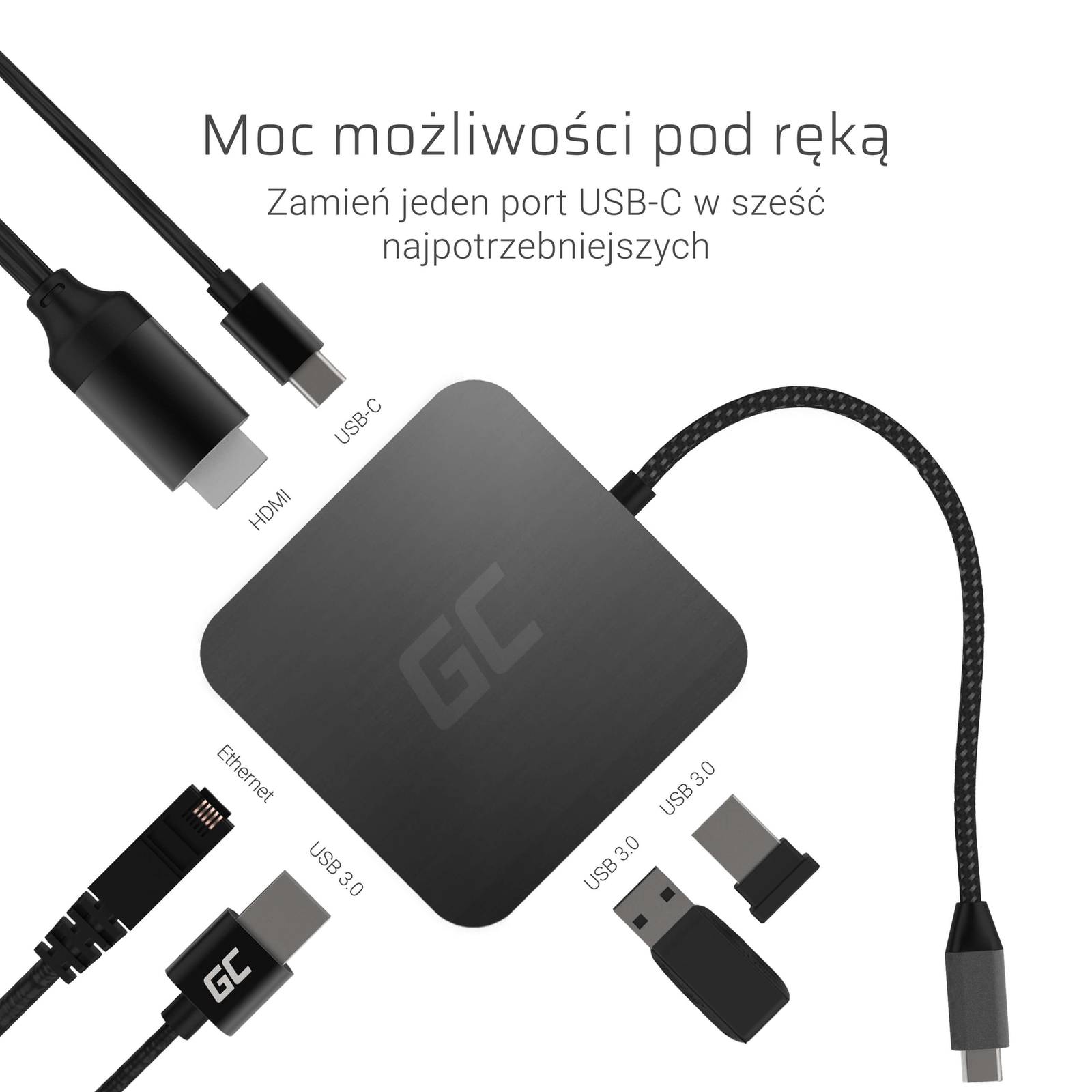 Greencell Dockingstation HUB 6in1 USB-A/C HDMI Lightning RJ45 Quickcharge