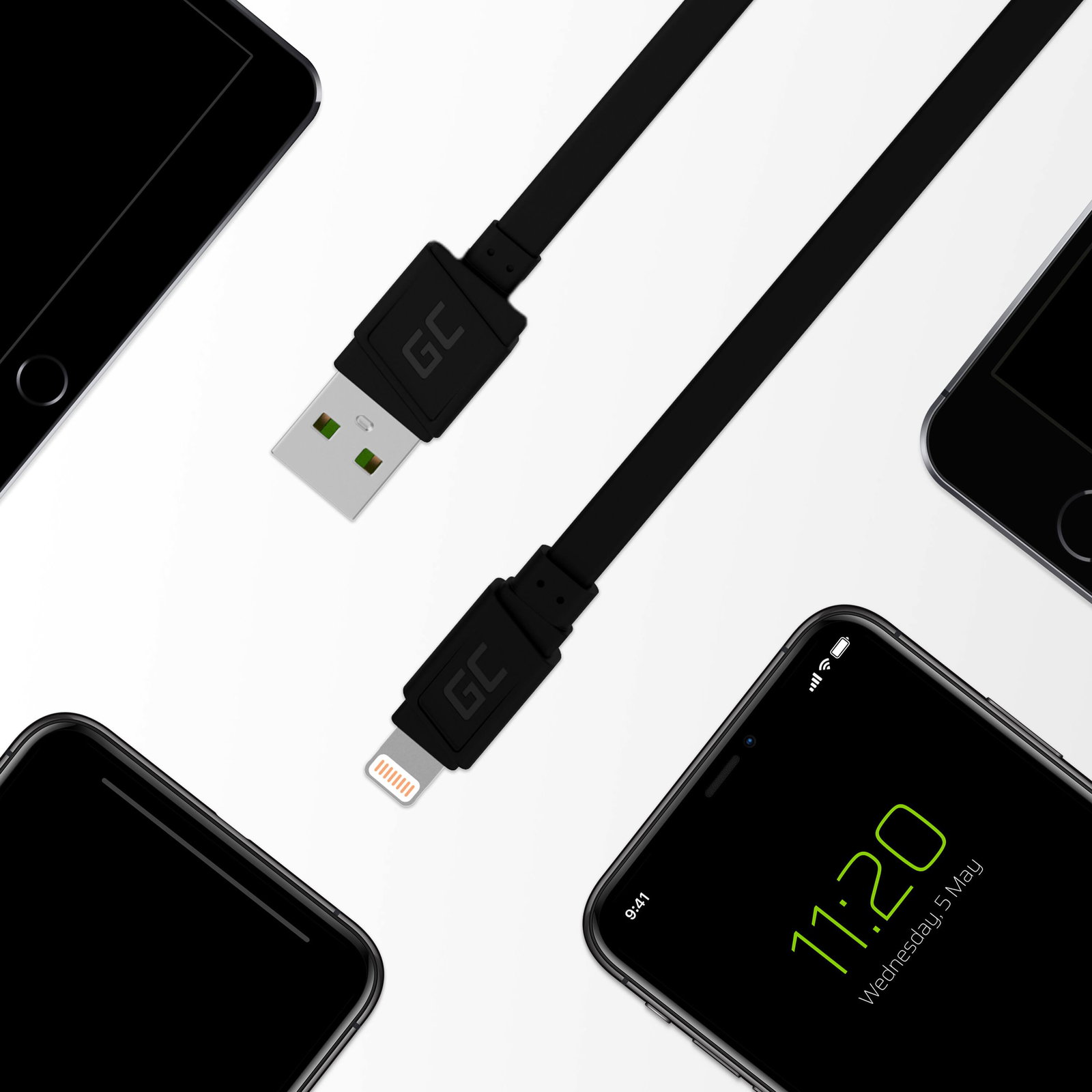 Greencell mattee Flat Cable - USB-A to Lightning Quick Charge 25cm