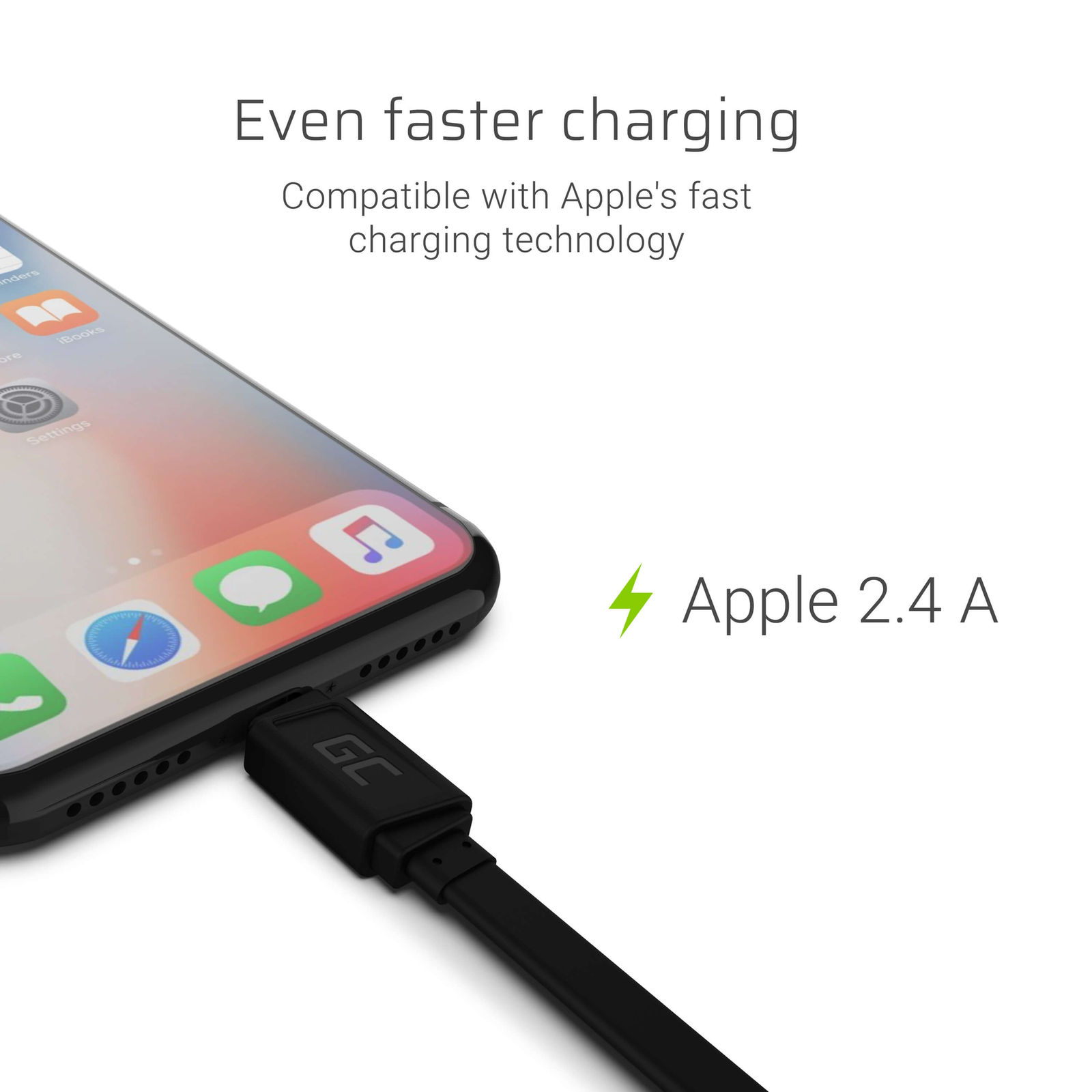 Greencell mattee Flat Cable - USB-A to Lightning Quick Charge 25cm