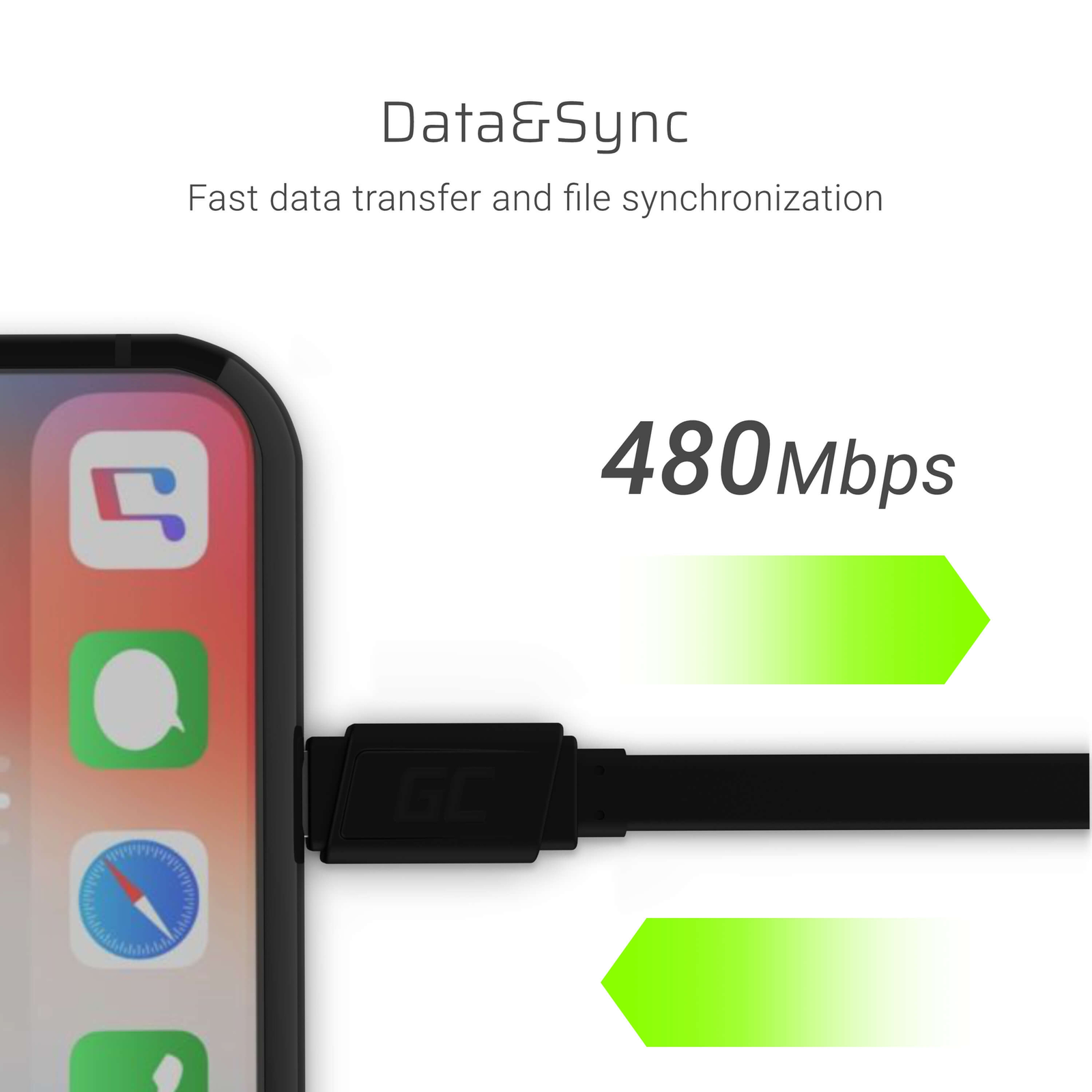 Greencell mattee Flat Cable - USB-A to Lightning Quick Charge 25cm