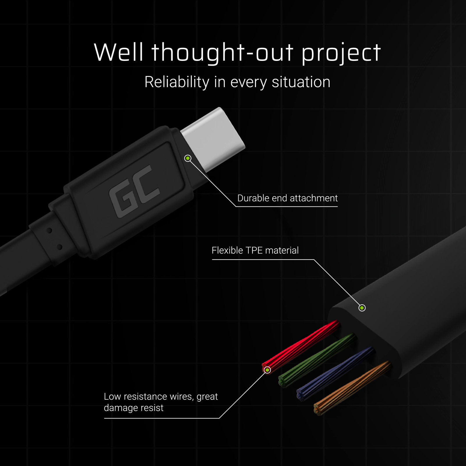 Greencell mattee Flat Cable - USB-A to USB-C Quick Charge - 25cm