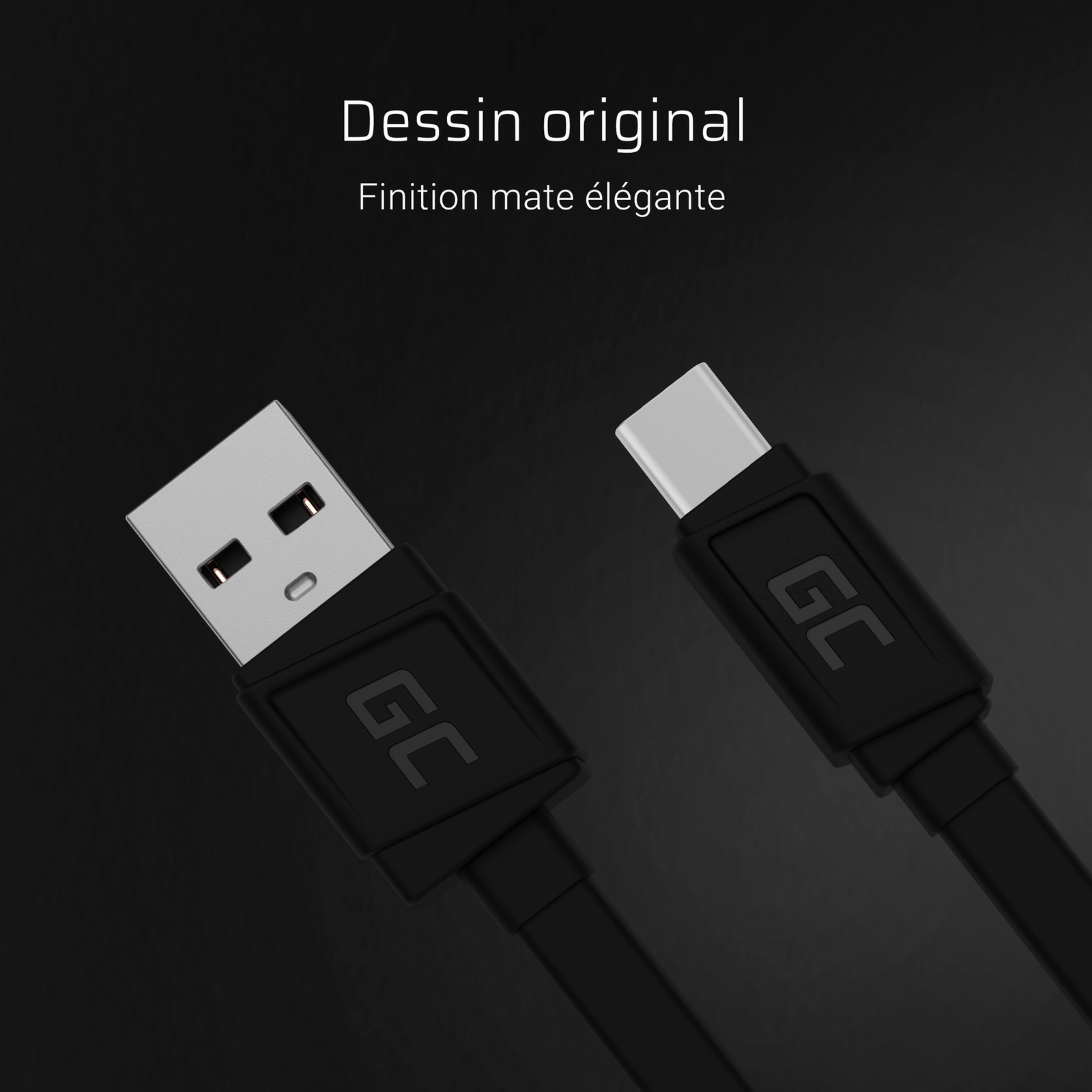 Greencell mattee Flat Cable - USB-A to USB-C Quick Charge - 25cm