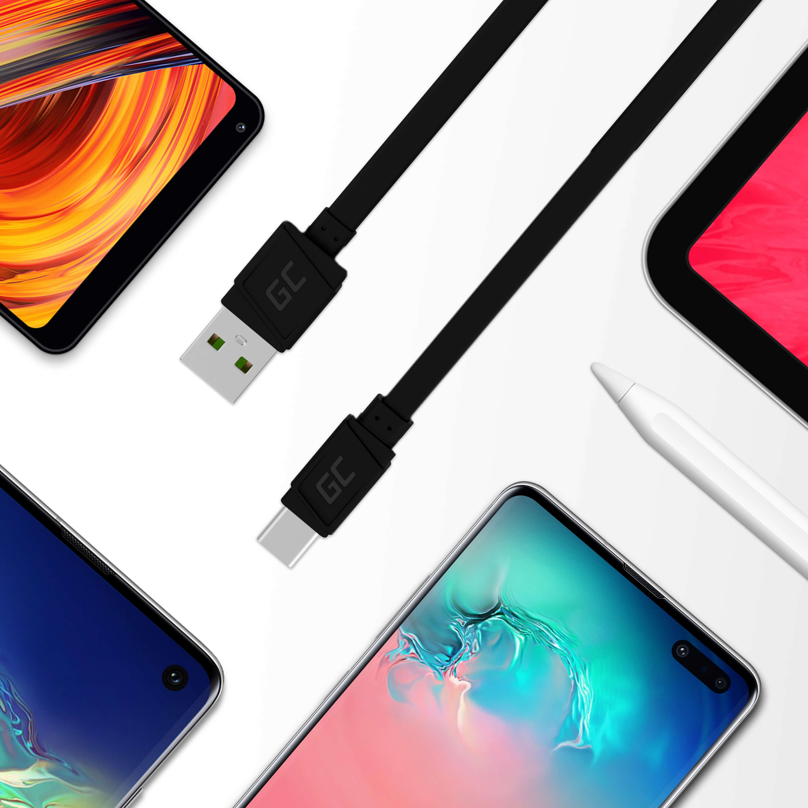 Greencell mattee Flat Cable - USB-A to USB-C Quick Charge - 25cm