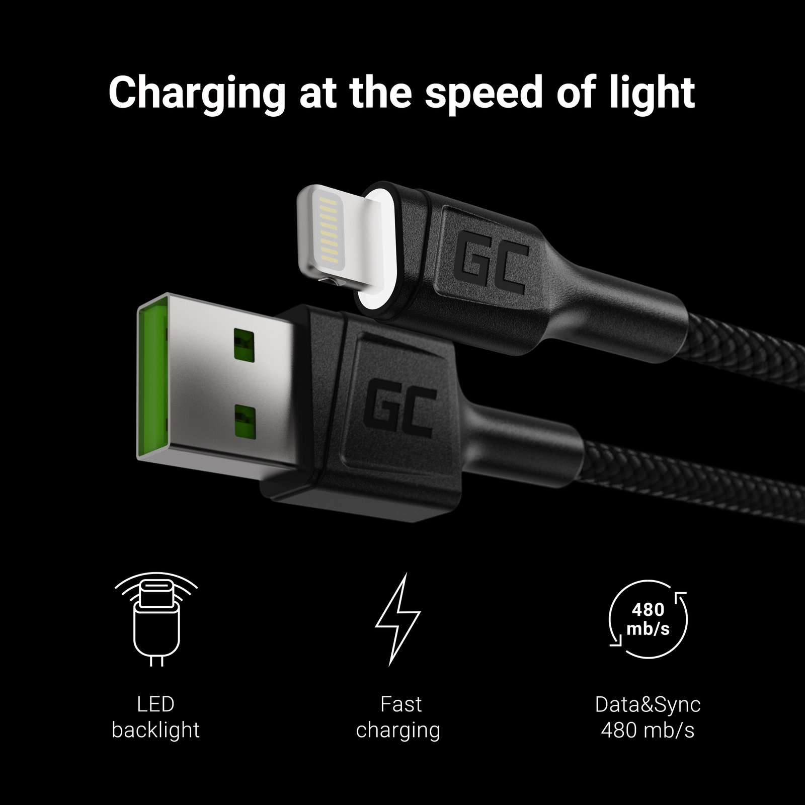 Greencell USB-A Lightning Cable White LED Apple 2.4A Quickcharge 120cm