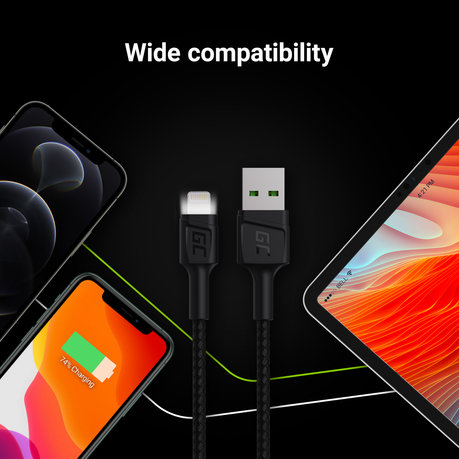 Greencell USB-A Lightning Cable White LED Apple 2.4A Quickcharge 120cm