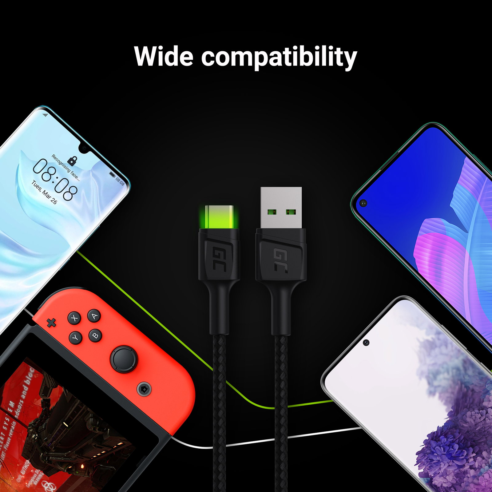 Greencell Ray Cable USB to USB-C Green LED QC 3.0 Ultra Charge 120cm
