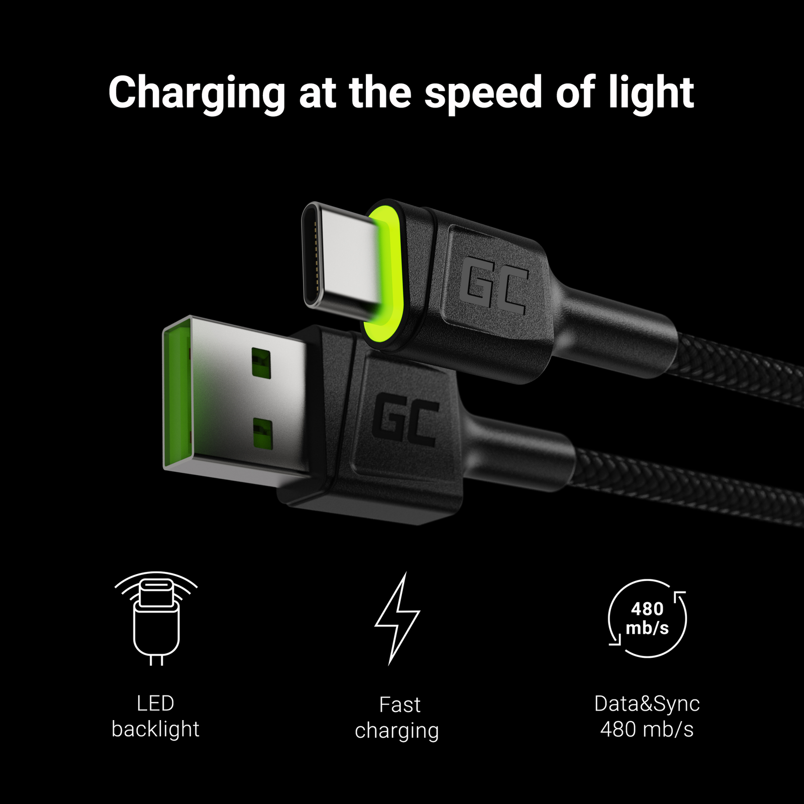 Greencell Ray Cable USB to USB-C Green LED QC 3.0 Ultra Charge 120cm